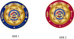 Challenge Coins, Side 1 has a blue background and Side 2 has a red background.