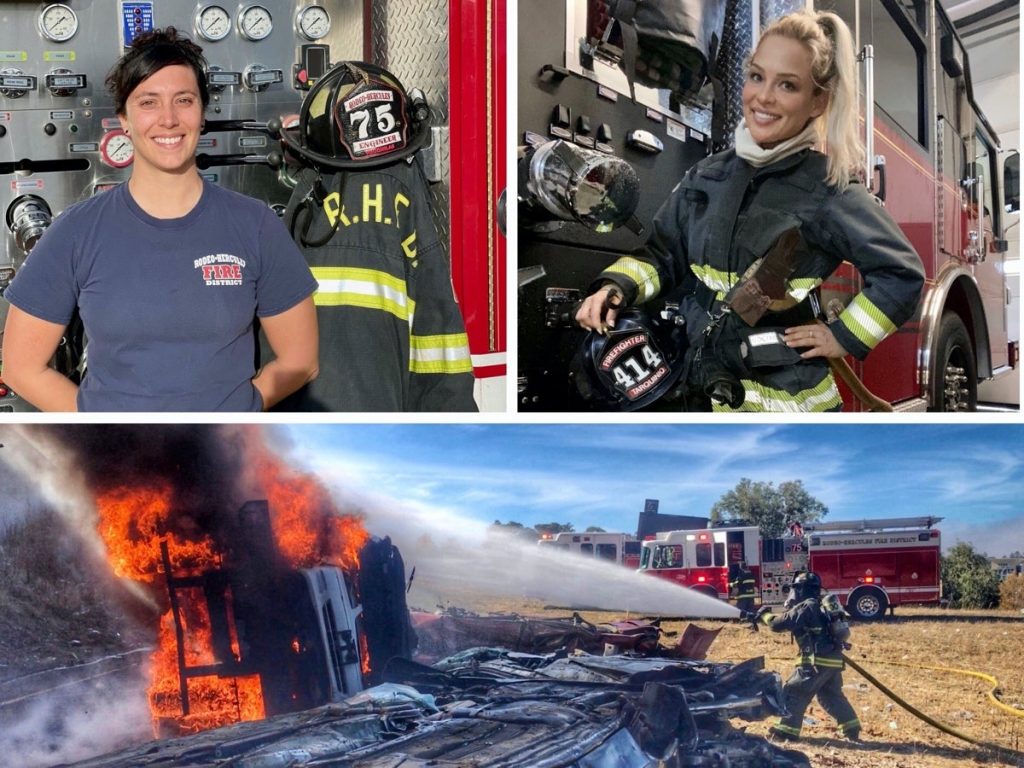 (Top left) Theresa Vouchilas of the Rodeo-Hercules Fire Protection District; (top right) Shawnay Tarquinio of the San Ramon Valley Fire Protection District; Rodeo-Hercules Fire Protection District engineer Theresa Vouchilas, 31, battles a vehicle fire. 