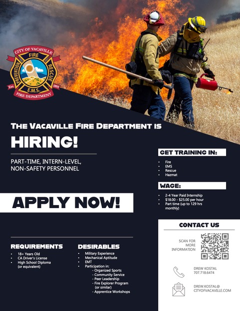 Job announcement for Vacaville Fire Department hiring fire fighters.